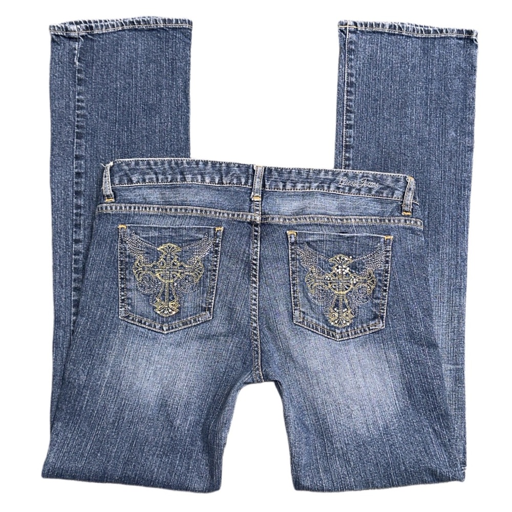 Y2K GUESS women's lowrise scarlet straight mcbling cross jeans, 31.